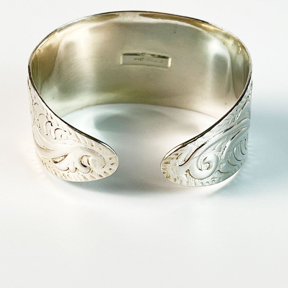 Embossed Floral Scroll Solid Sterling Silver Graduated Wide Cuff Bracelet - Picture 8 of 10
